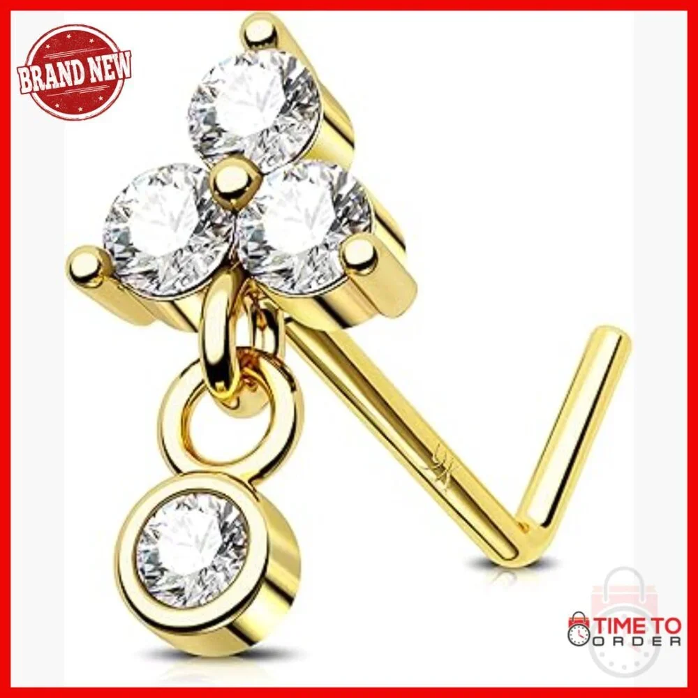 9K Solid Gold Nose Stud 20G 6mm L-Shaped Zircon Dangle Piercing Jewelry